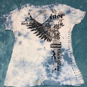 Affliction Medium vneck blue and white tie dye adorned T-shirt